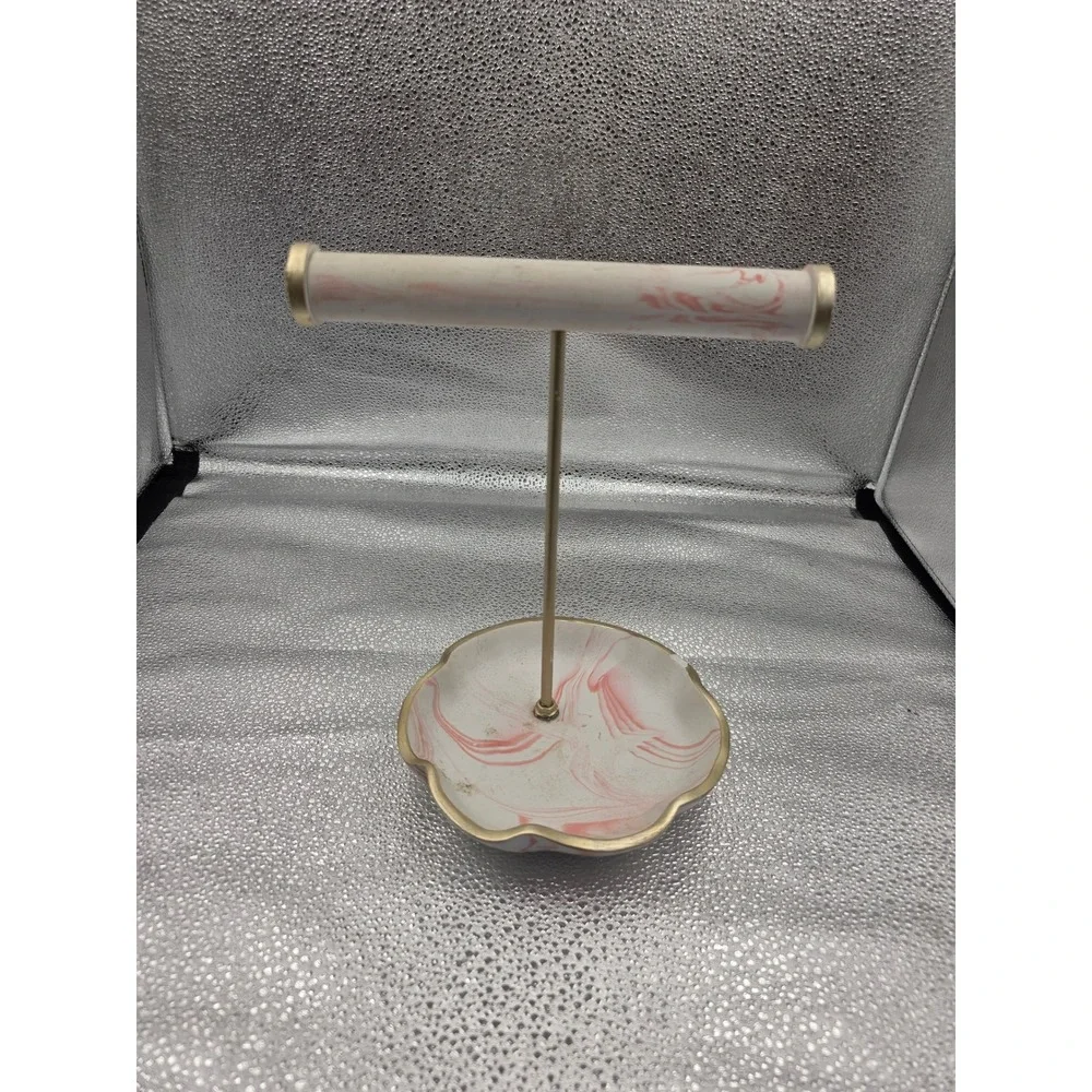 Pink Marbled Jewelry Stand T-Bar Bracelet Holder Catchall Tray Gold 373024 O1